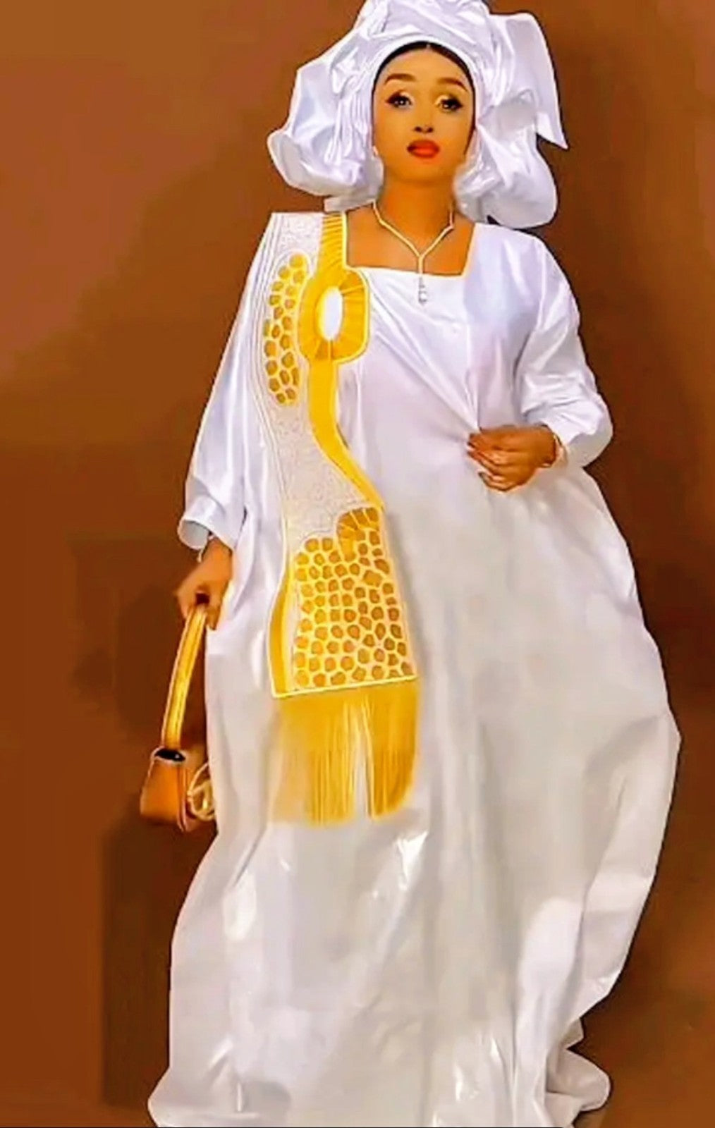 Women Tradional African Rich Basin Boubou For Wedding Party With Scarf