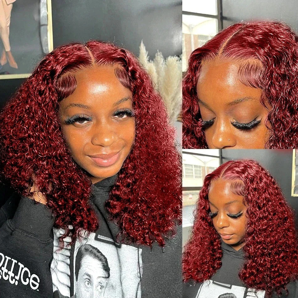 Red Colored 99J Curly Deep Water Wave 13x4 Lace Front Wigs Short Bob 100%