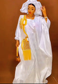 Women Tradional African Rich Basin Boubou For Wedding Party With Scarf