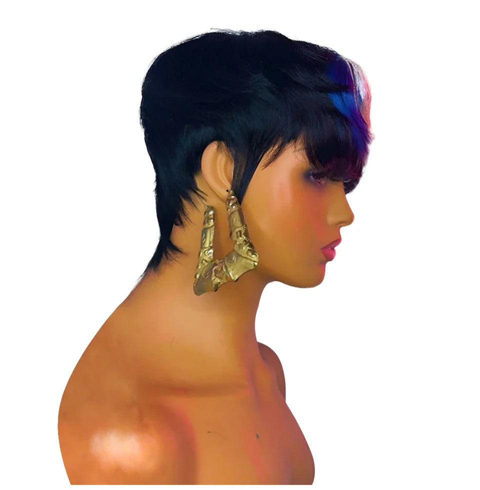 613 Blue Highlight Short Straight Bob Wigs Pixie Human Hair Wig With Bangs Full
