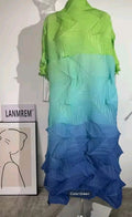 Women's Crinkle Diamond 3 Color Block Long Short Sleeve Dress