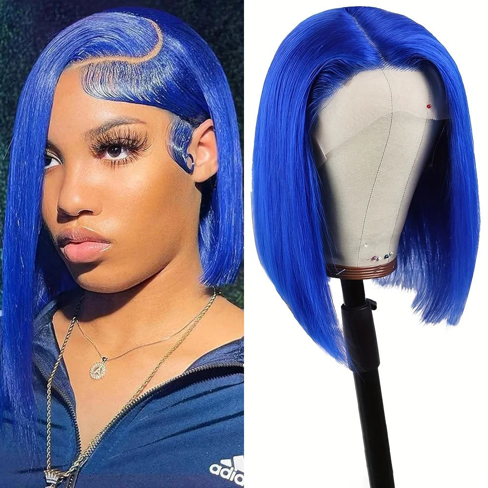 Brazilian Hair Straight Navy Blue Bob Human Hair Wig 180 Density 13x4 HD Lace