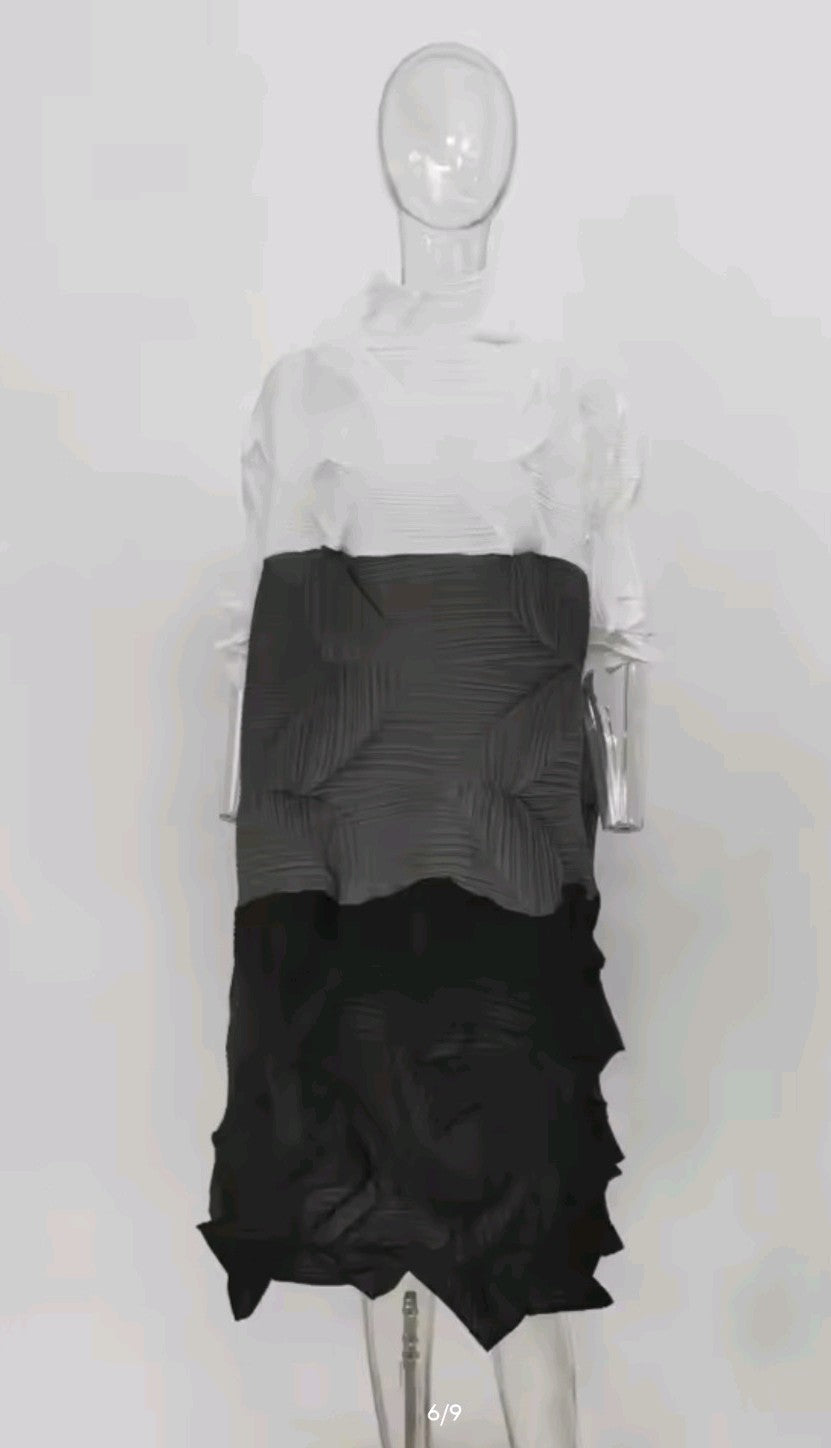 Women's Crinkle Diamond 3 Color Block Long Short Sleeve Dress
