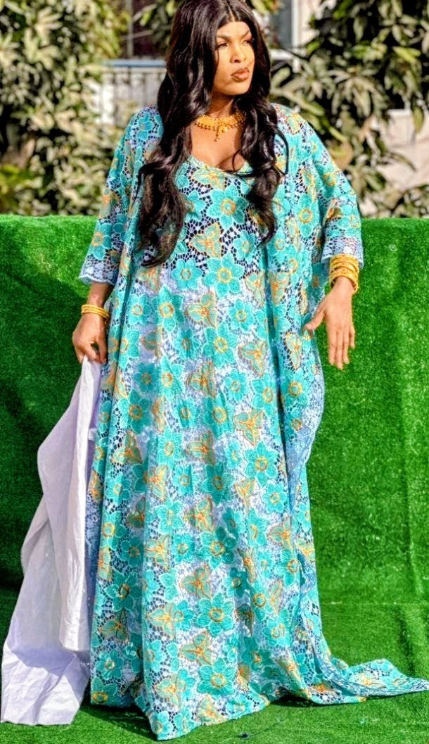 Traditional African Women's Bazin Riche Embroidered Long Dress Plus Size