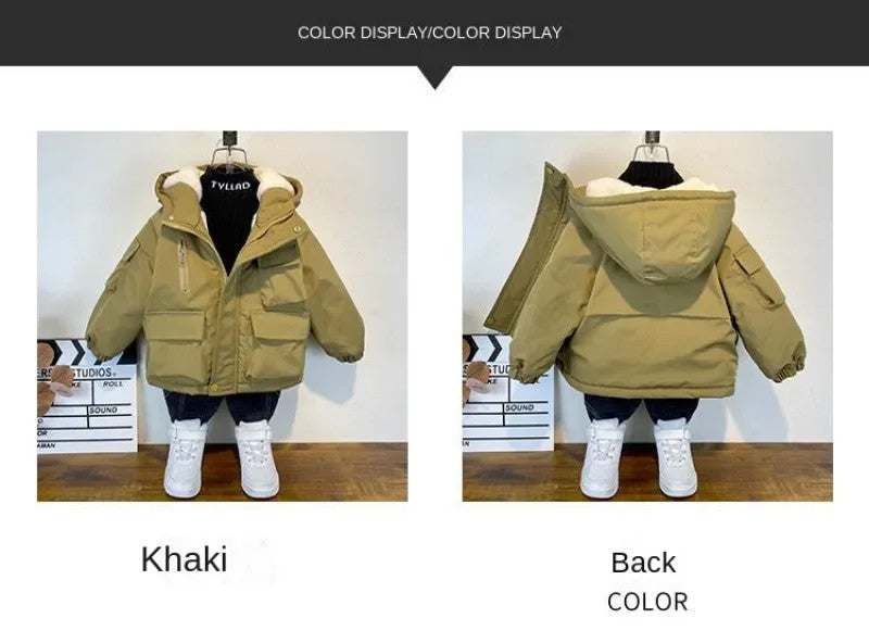 New Winter Down Cotton Jacket Boys Black Hooded Coat Children Outerwear