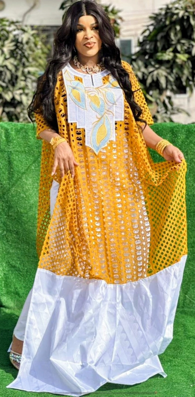 Women's Traditional African Bazin Riche Embroidered Long Dress Plus Size