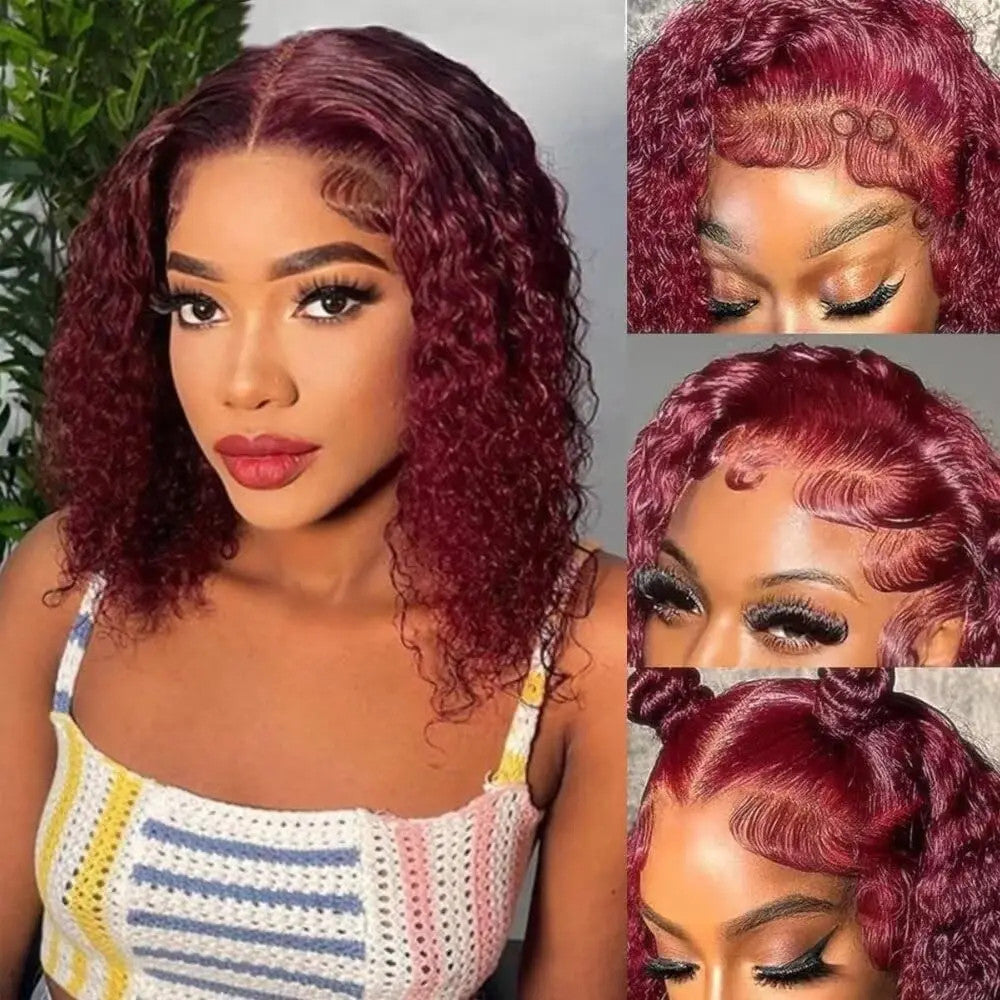 99J Burgundy Bob Deep Wave Lace Front Wigs Human Hair For Women 13x4 HD Lace