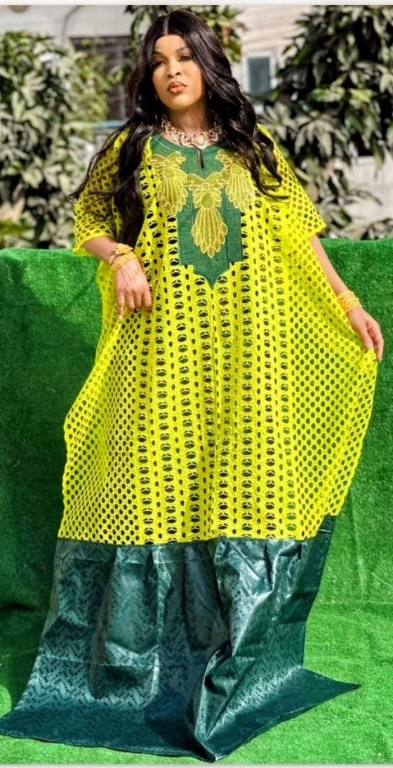 Women's Traditional African Bazin Riche Embroidered Long Dress Plus Size