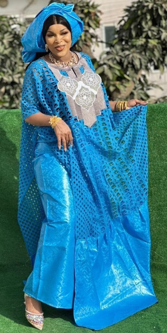 Traditional African Women's Bazin Riche Embroidered Long Dress Plus Size