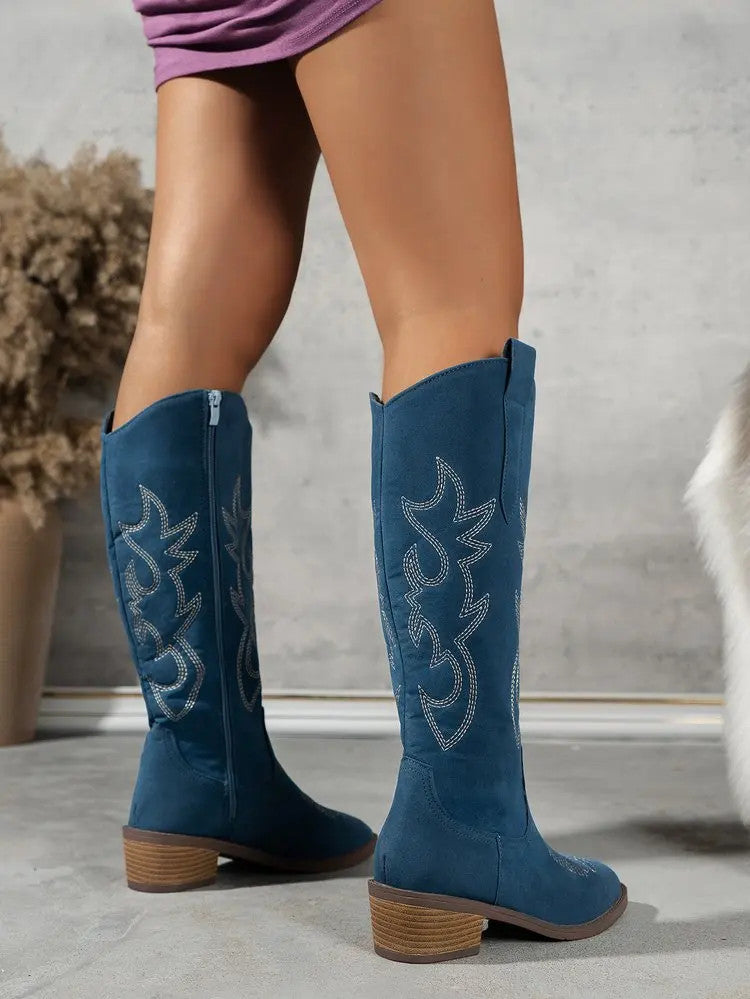 Women Chelsea Cowboy Knee High Boots for Women Mid Heels Walking Shoes Winter