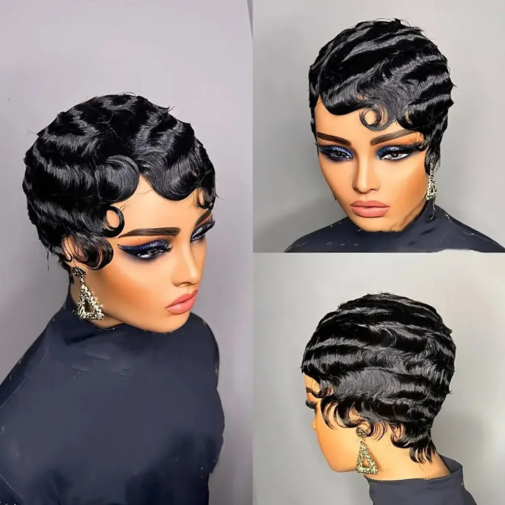 Women's Brown Short Ocean Pixie Wave 100% Human Hair Wig