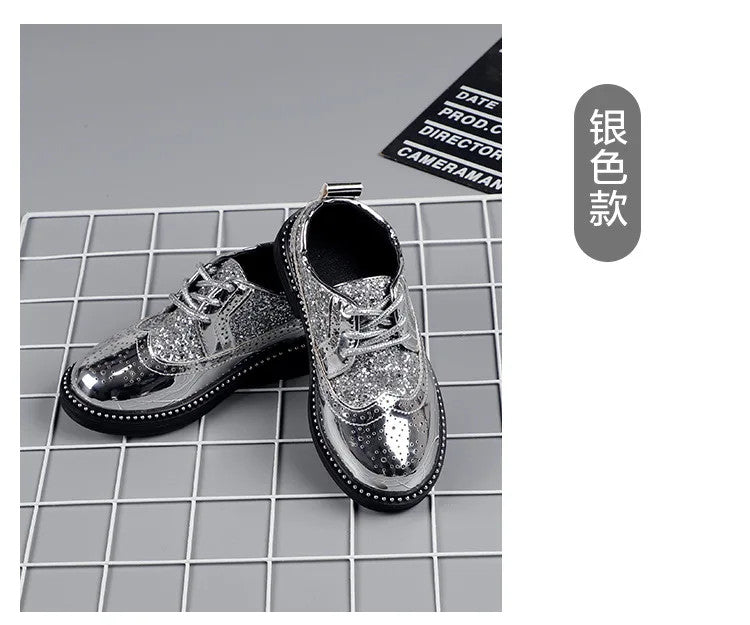 Boys Hollow Out silver Shoes Leather for Kids Party Wedding Dance Shoe Dress