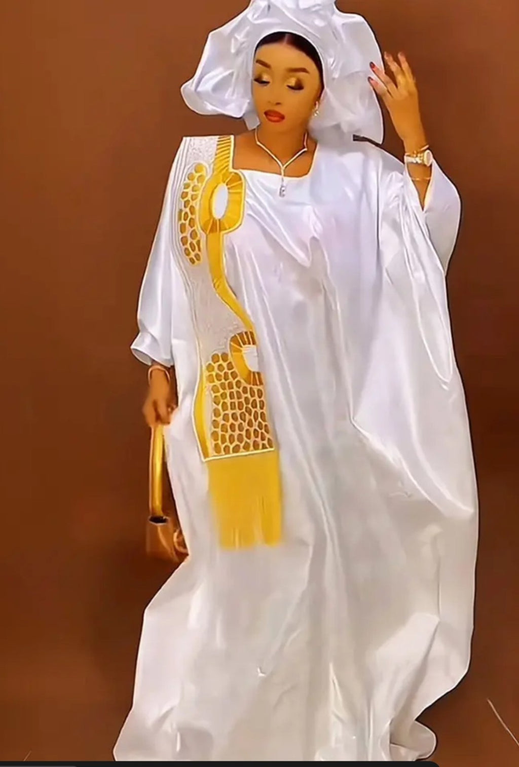 Women Tradional African Rich Basin Boubou For Wedding Party With Scarf