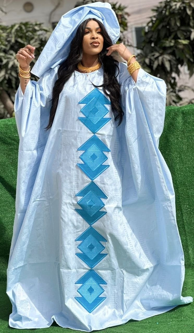 Traditional African Women's Bazin Riche Embroidered Long Dress Plus Size