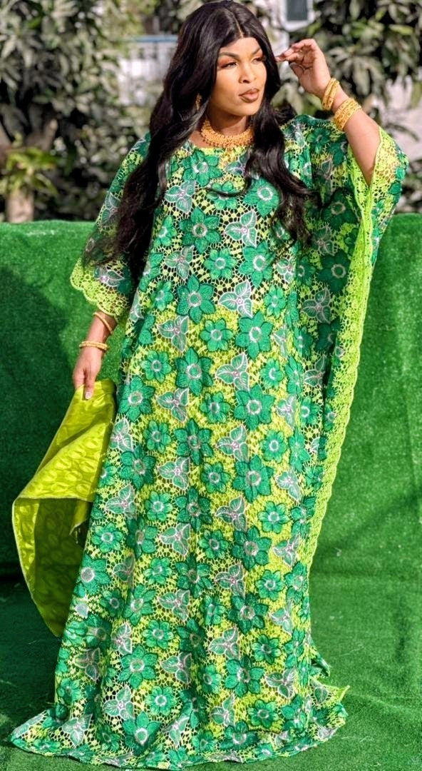 Traditional African Women's Bazin Riche Embroidered Long Dress Plus Size