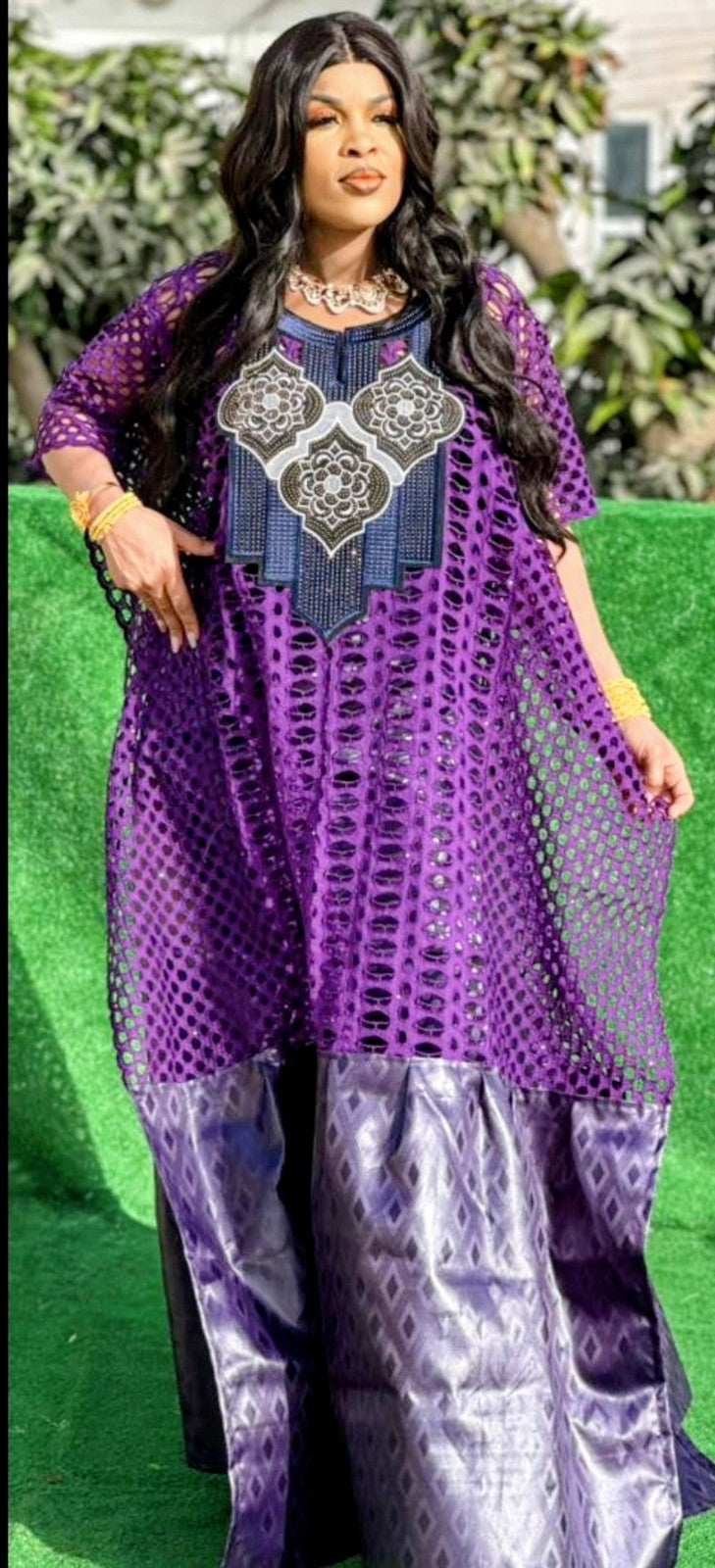 Women's Traditional African Bazin Riche Embroidered Long Dress Plus Size