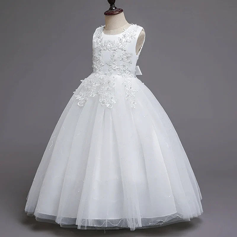 Girls White Lace Pearl Flower Princess Dress For Sequins Sleeveless First