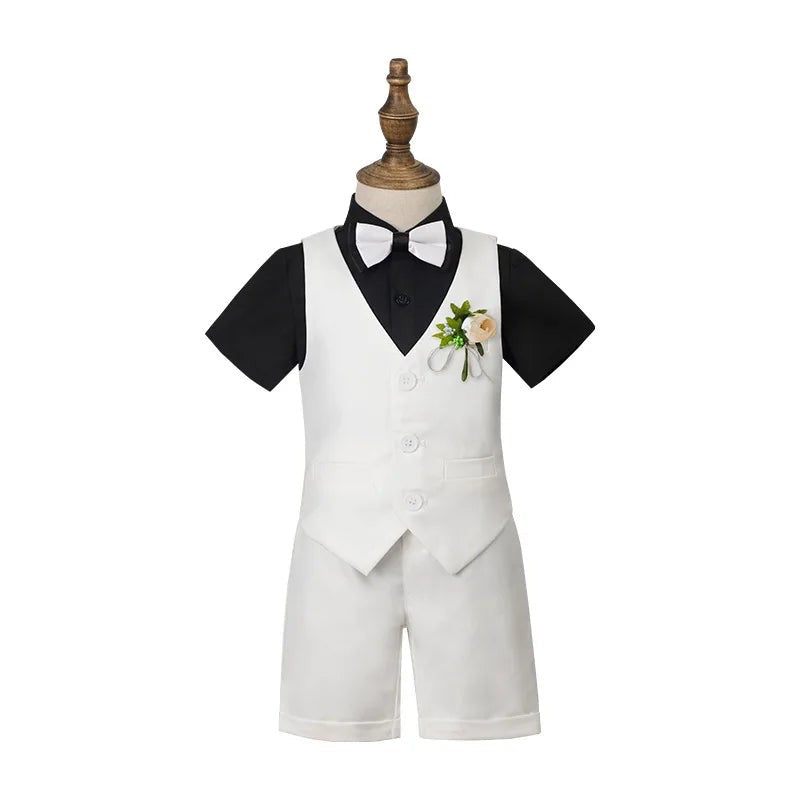 Children Green White Baptism Photography Suit Kids Vest Shirt Shorts Bowtie