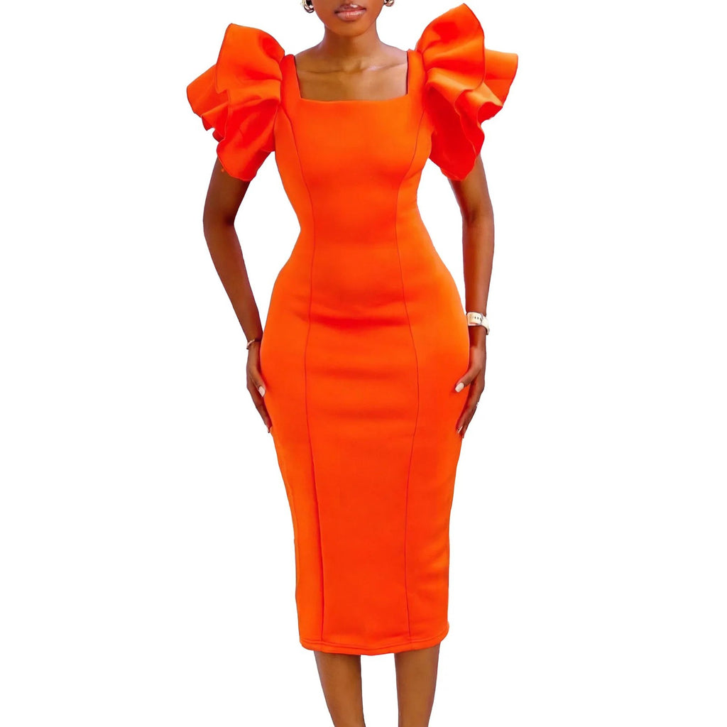 CM.YAYA Women Ruffles Short Sleeve Square Collar Knee Length Dress Street