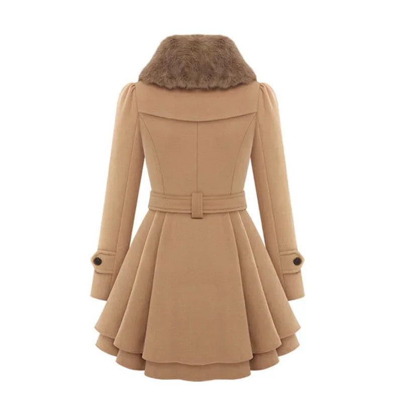 Women's Long Slimming Woollen Jacket Double Row Buttoned Narrow Fit Casual