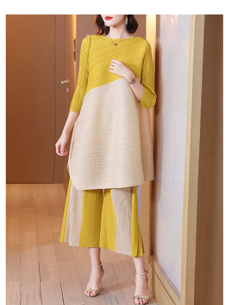 Women's Pleated Sets Contrast Color O-neck Asymmetric Top Dress+ Loose Wide Leg Pant Two-piece Casual Suits