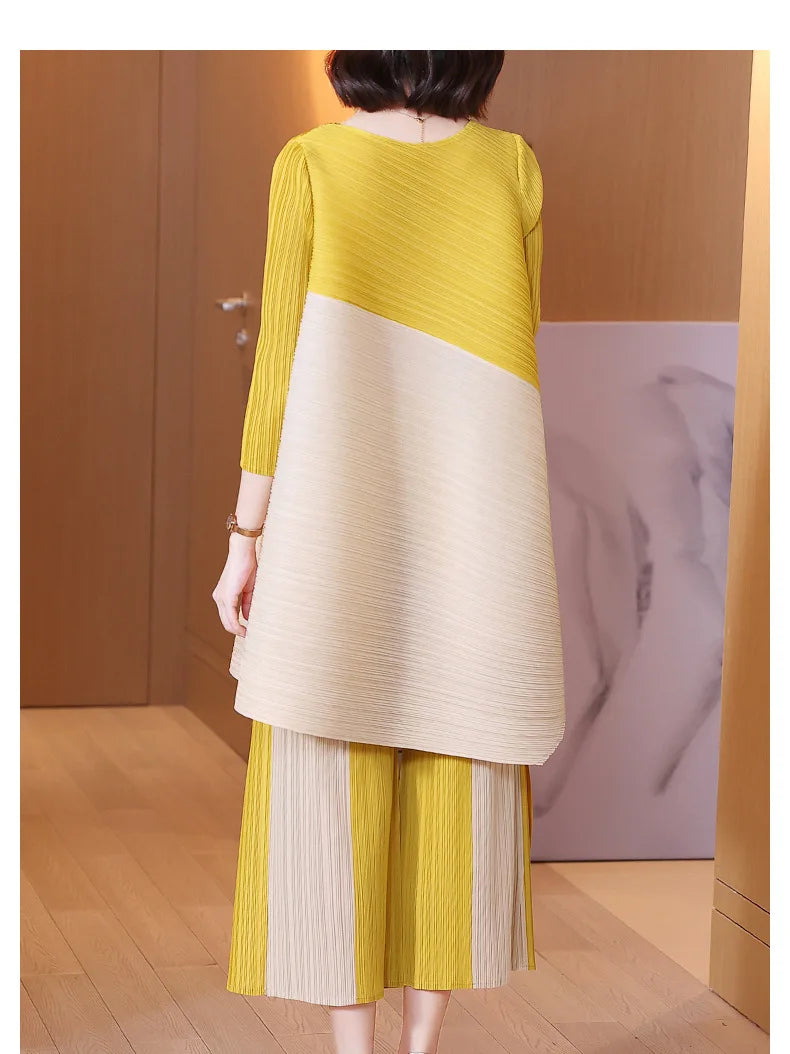 Women's Pleated Sets Contrast Color O-neck Asymmetric Top Dress+ Loose Wide Leg Pant Two-piece Casual Suits