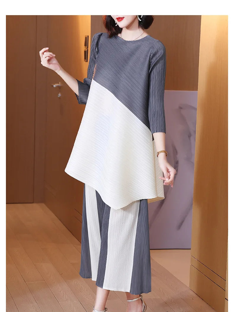 Women's Pleated Sets Contrast Color O-neck Asymmetric Top Dress+ Loose Wide Leg Pant Two-piece Casual Suits
