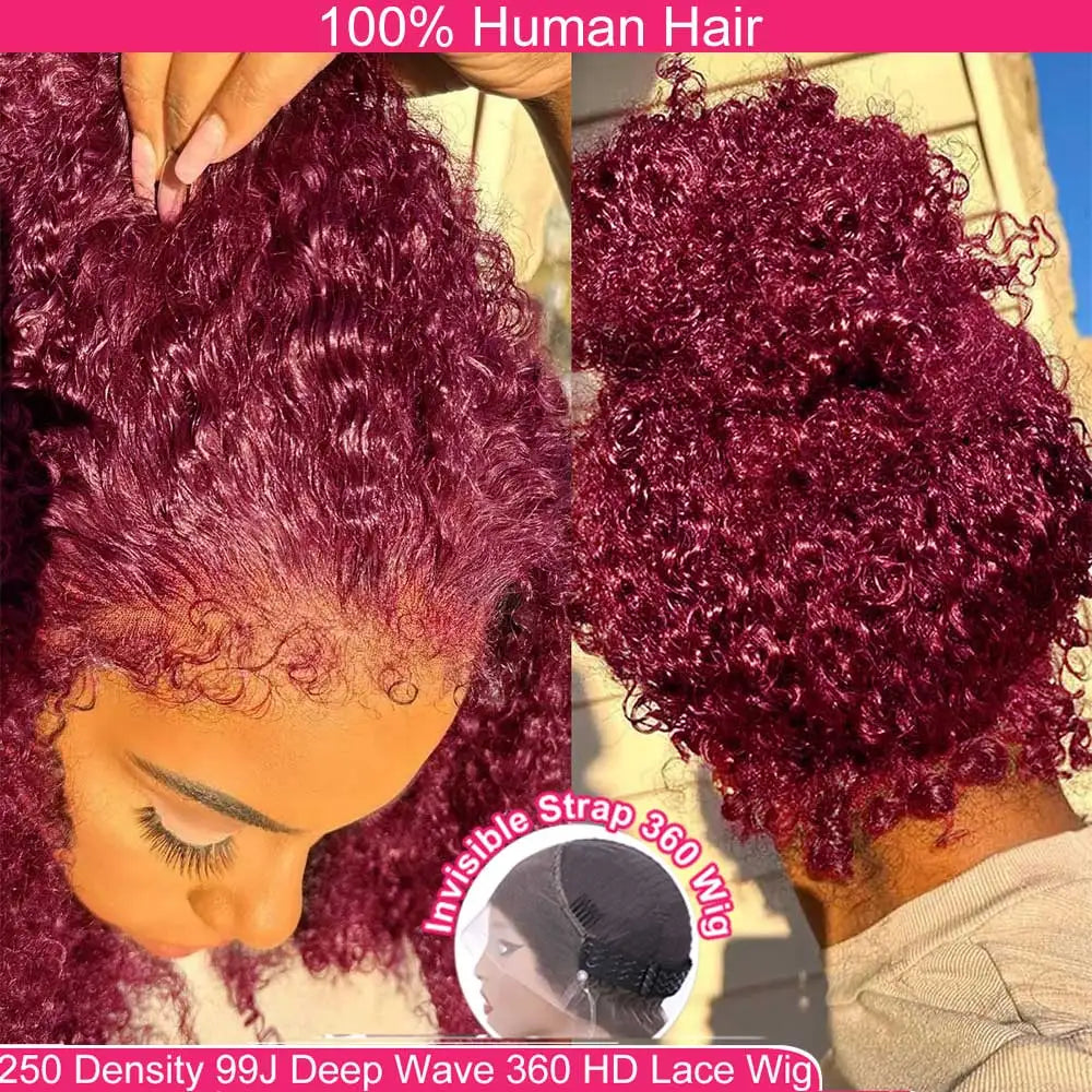99J Deep Wave Frontal Wig 360 Full Hd Lace Front Wig Pre Plucked 250 High Density Burgundy Red Glueless Wig Human Hair