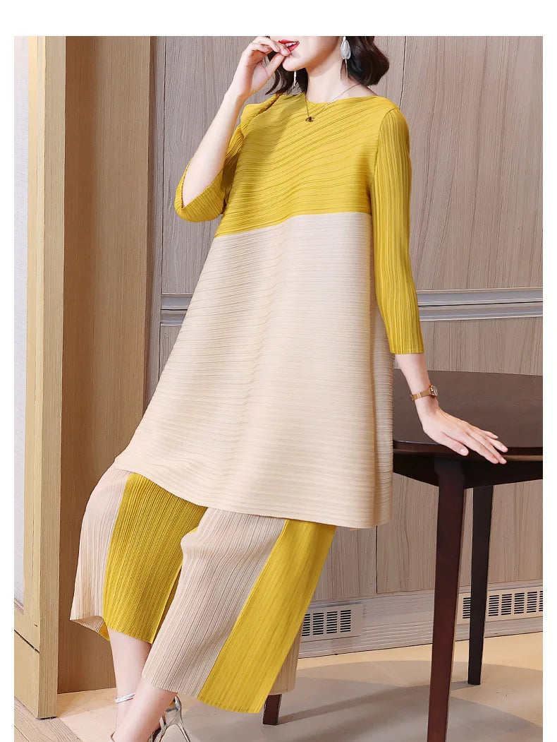 Women's Pleated Sets Contrast Color O-neck Asymmetric Top Dress+ Loose Wide Leg Pant Two-piece Casual Suits