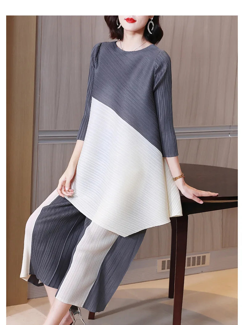 Women's Pleated Sets Contrast Color O-neck Asymmetric Top Dress+ Loose Wide Leg Pant Two-piece Casual Suits