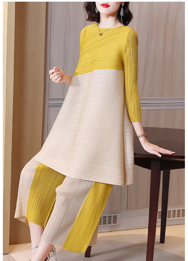 Women's Pleated Sets Contrast Color O-neck Asymmetric Top Dress+ Loose Wide Leg Pant Two-piece Casual Suits