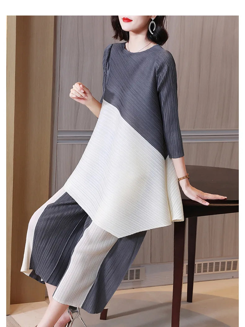 Women's Pleated Sets Contrast Color O-neck Asymmetric Top Dress+ Loose Wide Leg Pant Two-piece Casual Suits