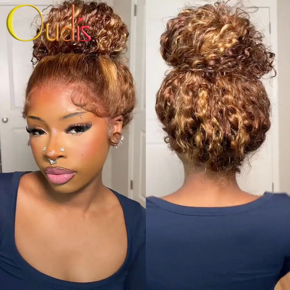 Water Wave 30 Inch Invisible Strap 360 Full Lace Front Wig Honey Blonde Highlight Deep Wave Frontal Wig Glueless Wig Human Hair