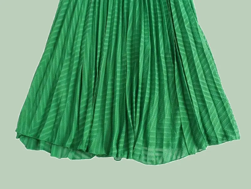 Crocheted Pleated Maxi Dress - Elegant Long Sleeve O-Neck Dress for Women