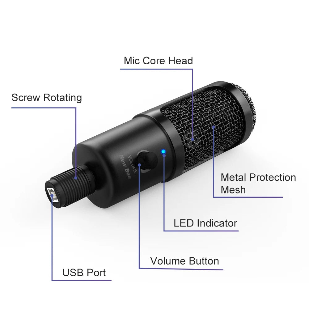 New Bee USB Microphone Condenser Professional Mic with Shock Mount for Computer Laptop Gaming Streaming Recording Studio