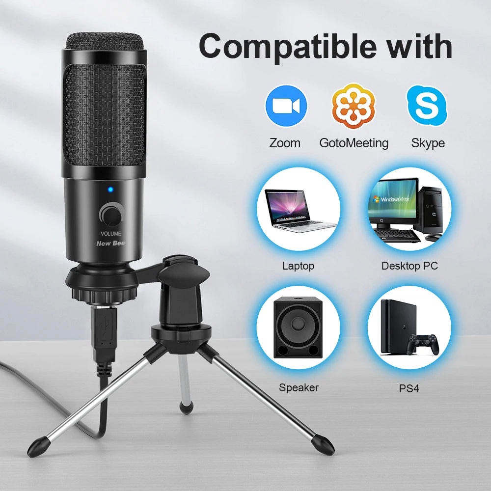 New Bee USB Microphone Condenser Professional Mic with Shock Mount for Computer Laptop Gaming Streaming Recording Studio
