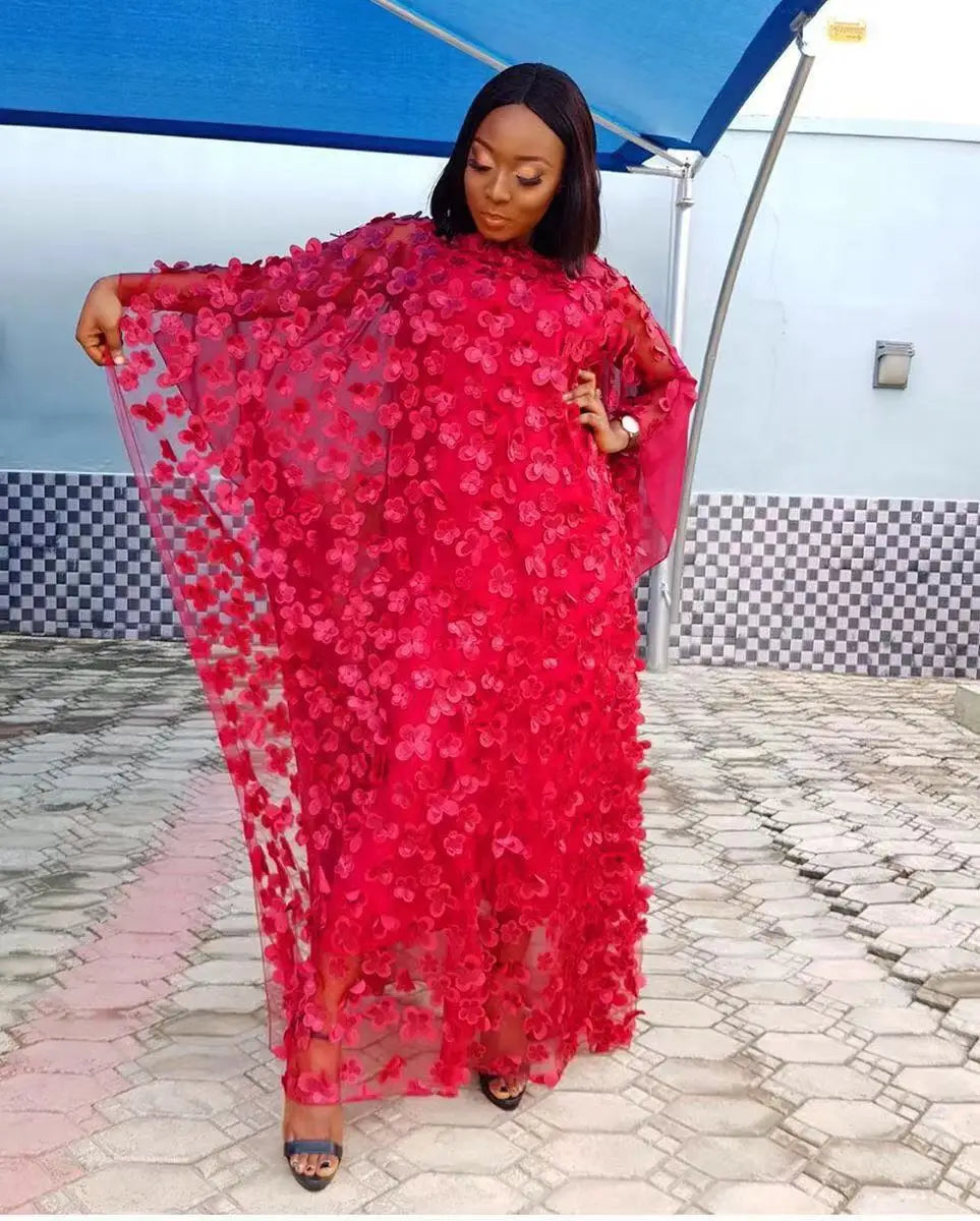 White African Dresses for Women Summer Traditional Africa Clothing Applique Flower Muslim Kaftan Chiffon Maxi Long Dress