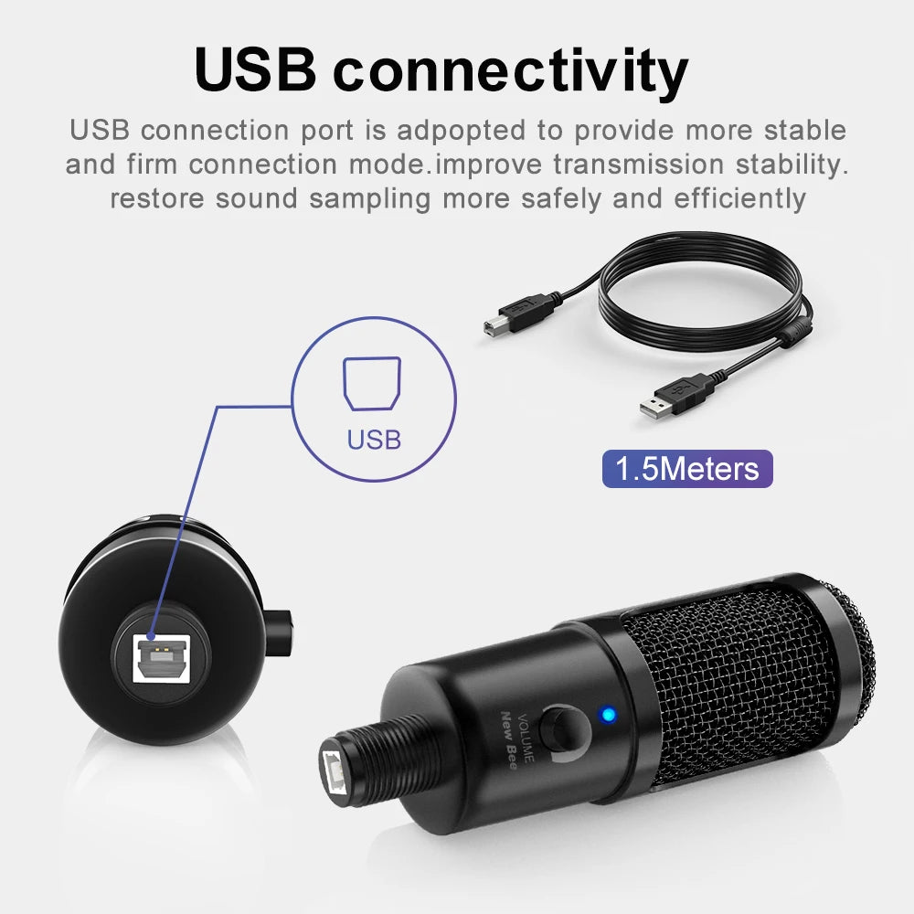 New Bee USB Microphone Condenser Professional Mic with Shock Mount for Computer Laptop Gaming Streaming Recording Studio