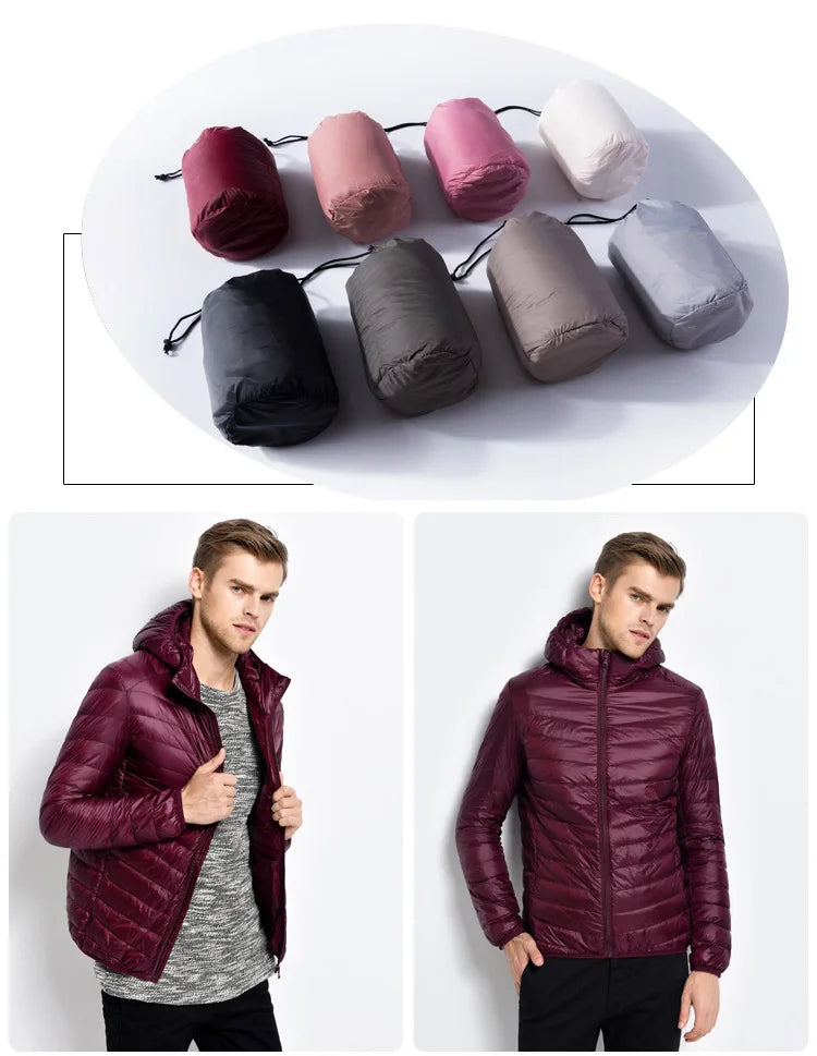 Plus Size Schinteon Men White Duck Down Jacket Ultra Light Thin Casual Coat Outerwear with Hood New Arrival Winter Autumn