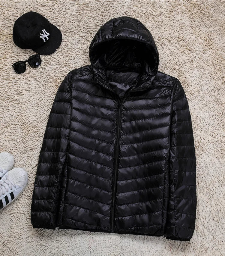 Plus Size Schinteon Men White Duck Down Jacket Ultra Light Thin Casual Coat Outerwear with Hood New Arrival Winter Autumn