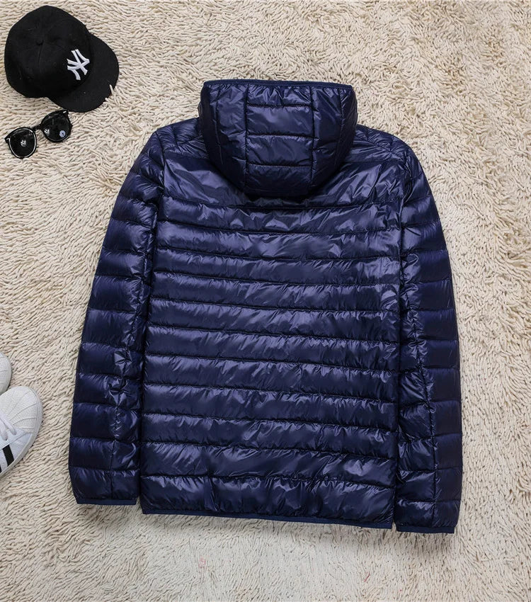 Plus Size Schinteon Men White Duck Down Jacket Ultra Light Thin Casual Coat Outerwear with Hood New Arrival Winter Autumn