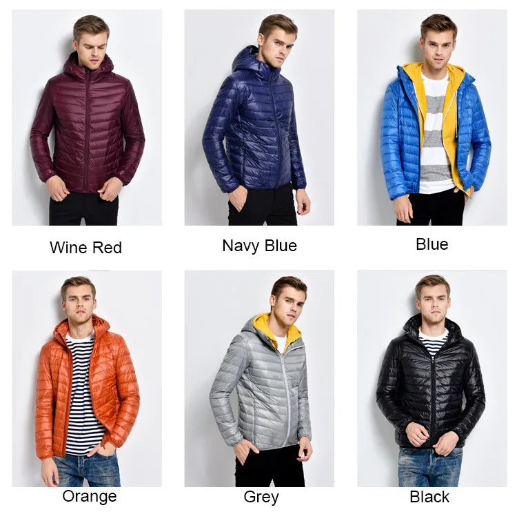 Plus Size Schinteon Men White Duck Down Jacket Ultra Light Thin Casual Coat Outerwear with Hood New Arrival Winter Autumn