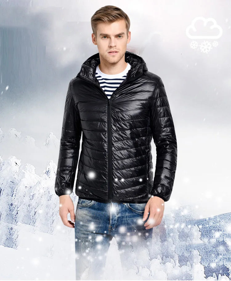 Plus Size Schinteon Men White Duck Down Jacket Ultra Light Thin Casual Coat Outerwear with Hood New Arrival Winter Autumn