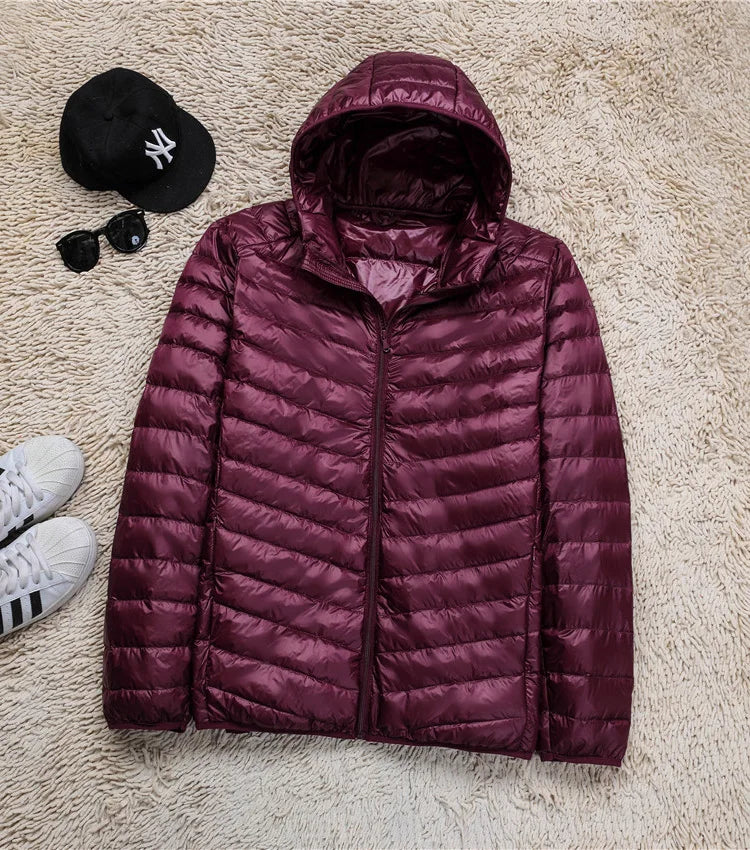 Plus Size Schinteon Men White Duck Down Jacket Ultra Light Thin Casual Coat Outerwear with Hood New Arrival Winter Autumn