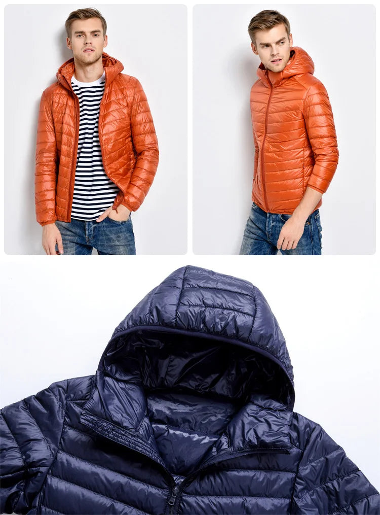 Plus Size Schinteon Men White Duck Down Jacket Ultra Light Thin Casual Coat Outerwear with Hood New Arrival Winter Autumn