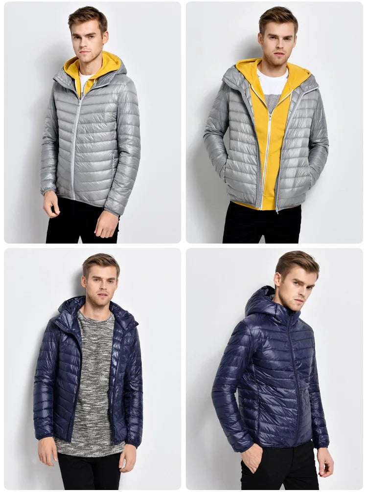 Plus Size Schinteon Men White Duck Down Jacket Ultra Light Thin Casual Coat Outerwear with Hood New Arrival Winter Autumn