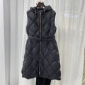 Luxury Women's Sleeveless down Vest Winter Warm Hooded Zipper Long Jacket with Belt Fashion Outerwear