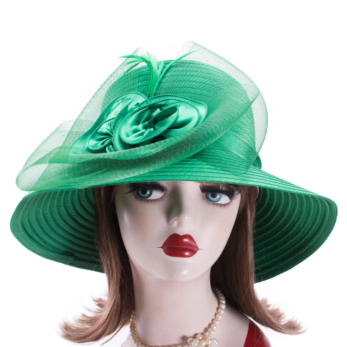 Lawliet Wide Brim Summer Hats for Women Feathers Netting Fascinator Beach Bridal Mother's Hats Wedding Derby Church  Cap A433