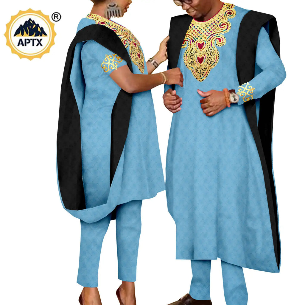 African 3 Pieces Suit for Men Matching Couple Outfits Agbada Dashiki Women Muslim Sets Bazin Riche Applique Robes Asoebi Y23C029