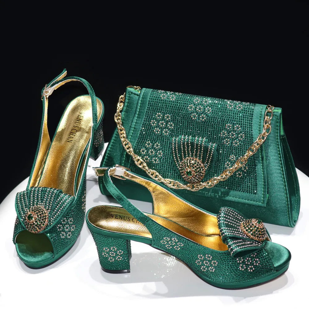 Italian Design Girly Style Golden Color Wedding Shoes And Bag Full Diamond Decoration Metal Closure Bags